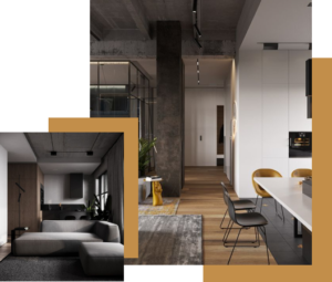 Modern industrial-style apartment interior with open living area, concrete ceilings, wooden floors, and contemporary furniture