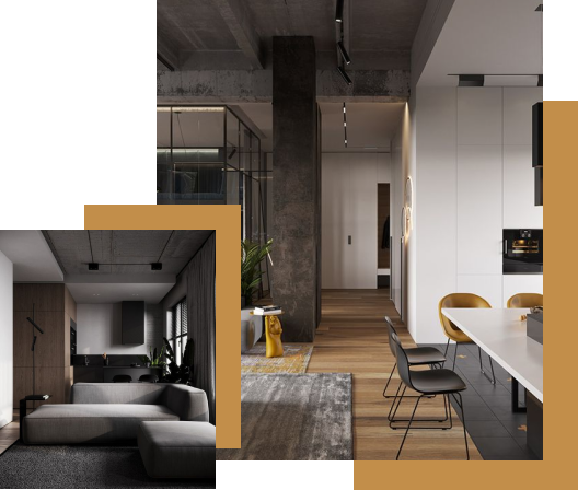 Modern industrial-style apartment interior with open living area, concrete ceilings, wooden floors, and contemporary furniture