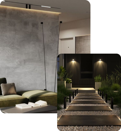 Modern interior with concrete wall and minimalist decor, and outdoor pathway with sleek lighting