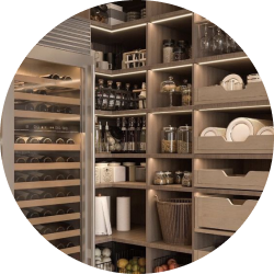 Modern pantry with wooden shelves, organized storage, and built-in wine cooler