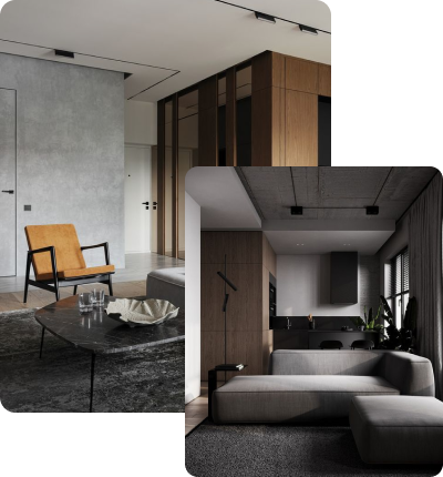 Modern apartment interiors with minimalist design, featuring concrete walls, wooden accents, and contemporary furniture