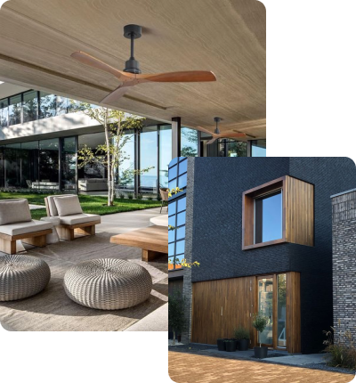 Modern outdoor patio with seating area and ceiling fan, and contemporary black house with wooden accents